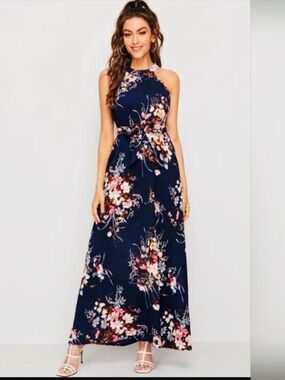SHEIN Navy Floral Halter Tie-Waist Maxi Dress with Pink & White Blooms